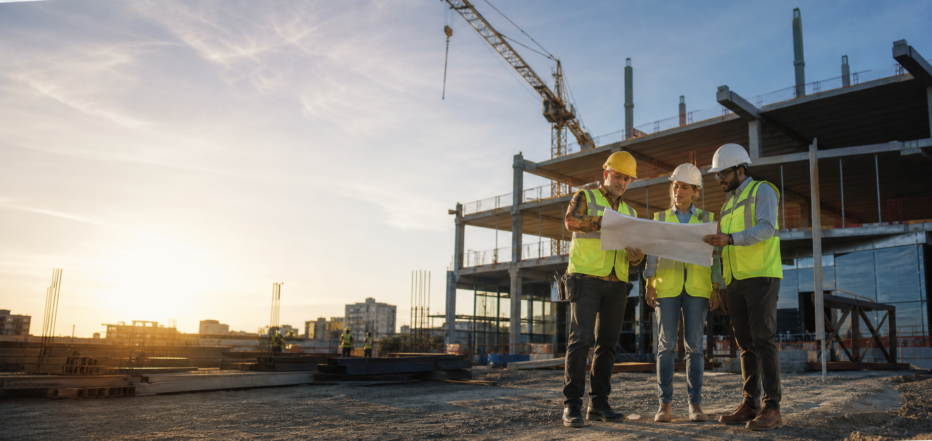 Construction professionals reviewing work at an active job site